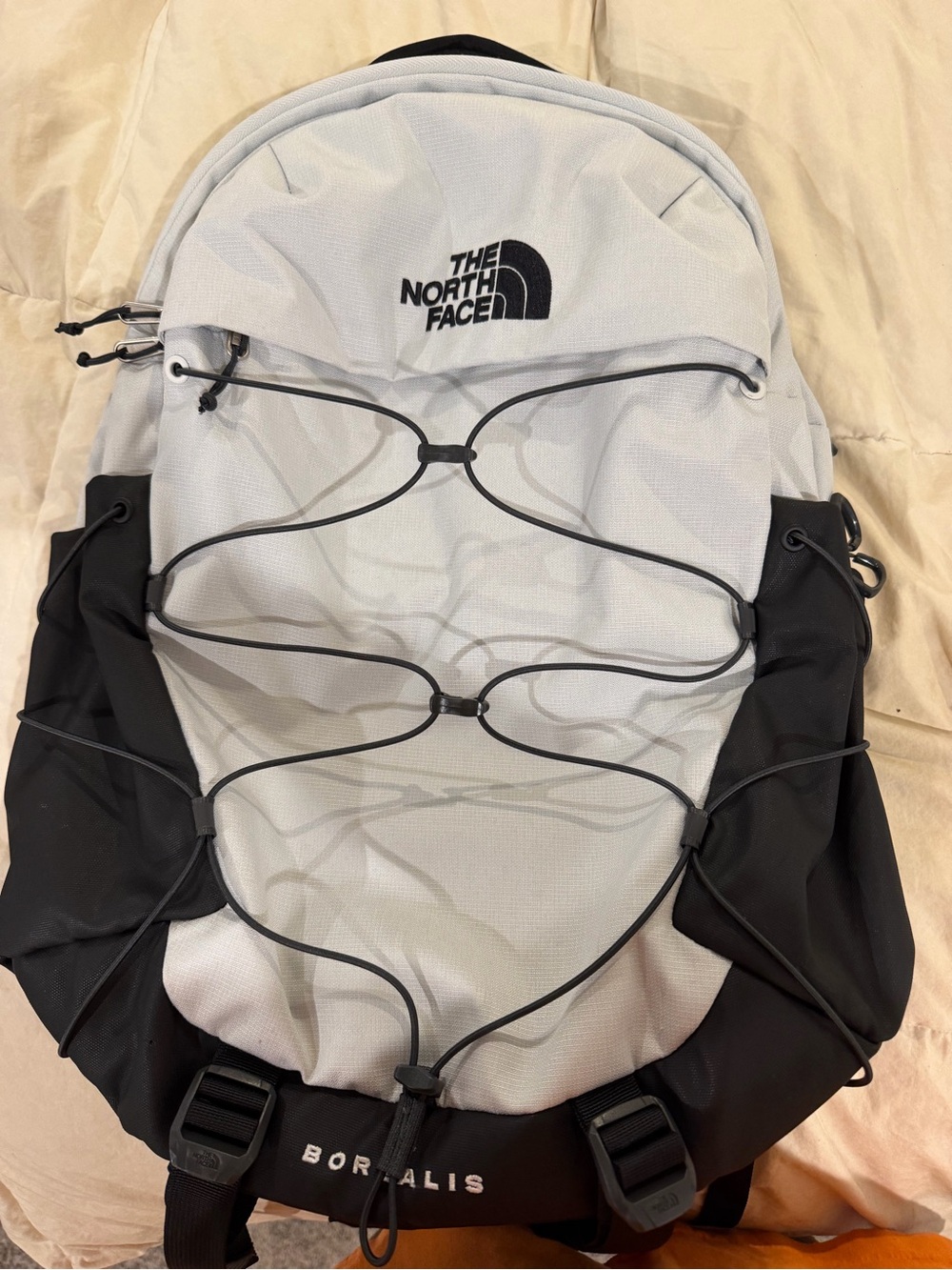 The North Face Borealis backpack black and light gray has some untreated spots